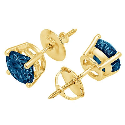 Pre-owned Pucci 4.0ct Round Cut Solitaire Classic Stud Royal Blue Topaz Earrings 14k Yellow Gold