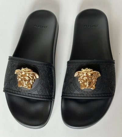 Pre-owned Versace $450  Gold Medusa Head Slides Sandals Black 9 Us (39 Euro) Italy