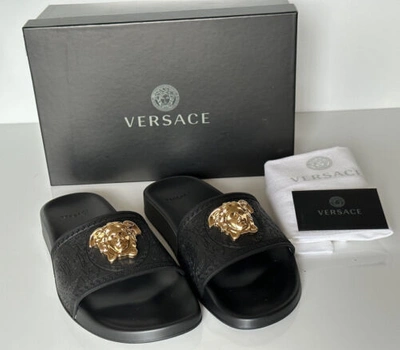 Pre-owned Versace $450  Gold Medusa Head Slides Sandals Black 9 Us (39 Euro) Italy