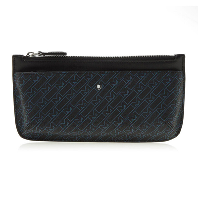 Pre-owned Montblanc Monogram Clutch Leather Zipper Bag Pouch Purse Wallet For Men Women In Black + Blue