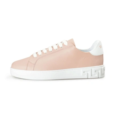 Pre-owned Versace Women's Powder Blush Leather Logo Sneakers Shoes In Pink