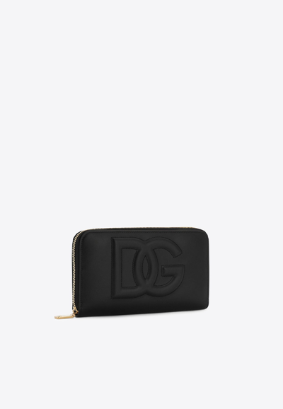 Dolce & Gabbana Calfskin Zip-around Wallet With Dg Logo In Black