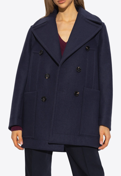 Shop Bottega Veneta Double-breasted Curved Wool Coat In Abyss