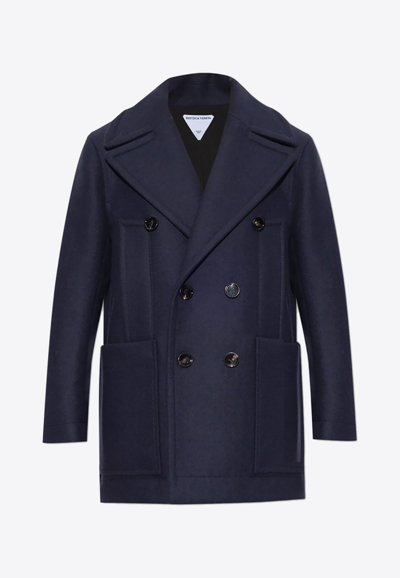 Shop Bottega Veneta Double-breasted Curved Wool Coat In Abyss