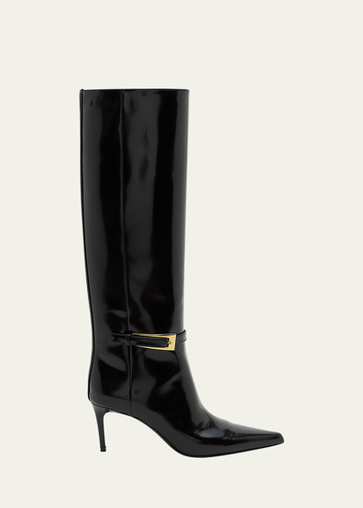 Shop Saint Laurent Lee Patent Buckle Knee Boots In Noir