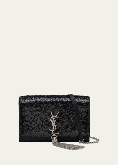 Shop Saint Laurent Kate Mini Tassel Ysl Wallet On Chain In Sequins In Noir