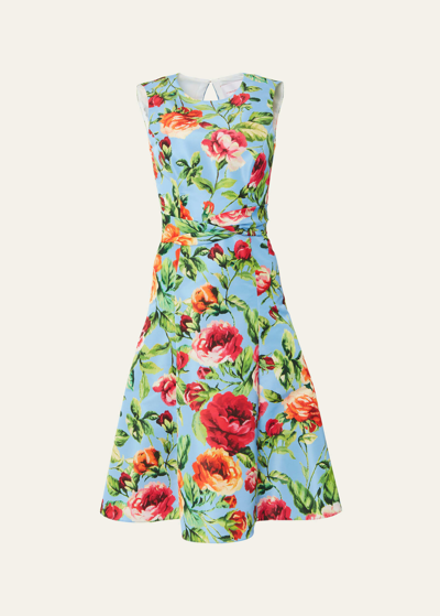 Shop Carolina Herrera Floral-print Midi Dress With Twist Waistband In Lake Blue Multi