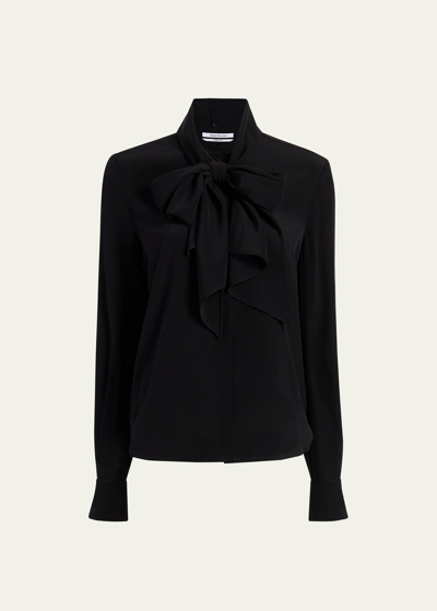 Shop Another Tomorrow Scarf-neck Button Up Silk Blouse In Black