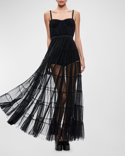 Shop Alice And Olivia Deena Pleated Tulle Maxi Dress With Hot Pants In Black