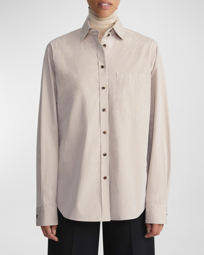 Shop Lafayette 148 Gingham-print Button-down Cotton Poplin Shirt In Camel Multi