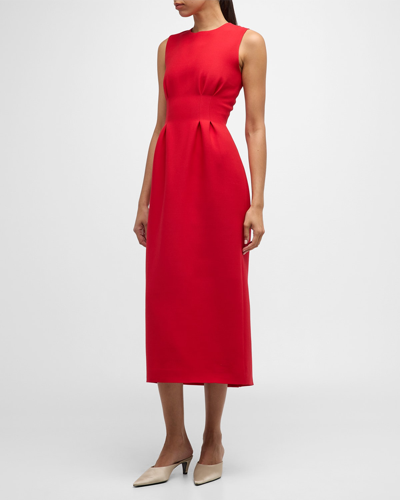 Shop Adam Lippes Ophelia Midi Dress With Pleated Seams In Vermilion