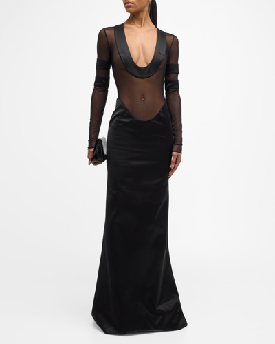 Shop Laquan Smith Plunging Scoop-neck Mesh Long-sleeve Satin Gown In Black