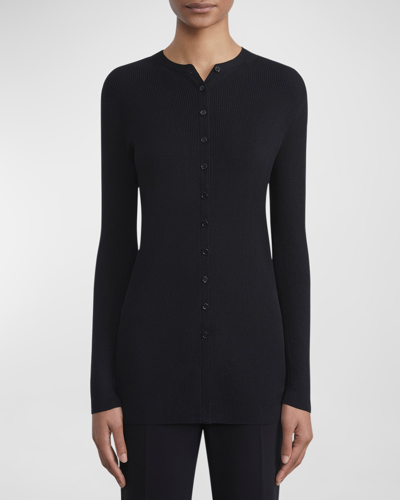 Shop Lafayette 148 Ribbed Button-down Finespun Voile Cardigan In Black