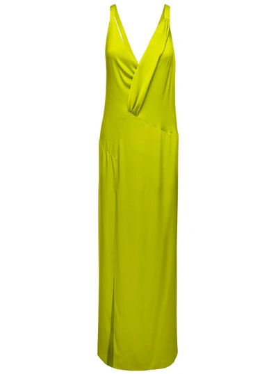 Shop Fendi Acid Green V Neck Long Draped Dress In Silk