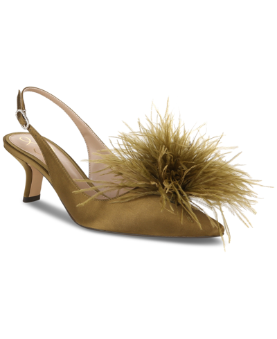 Shop Sam Edelman Women's Bianka Feather Slingback Kitten-heel Pumps In Olive Satin