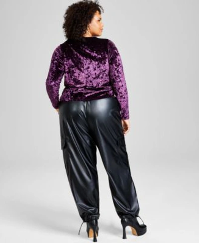 Shop And Now This Now This Plus Size Velvet Crewneck Top Faux Leather Cargo Pants In Black