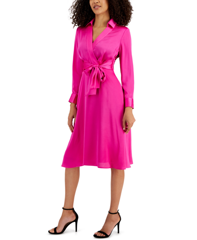 Shop Tahari Asl Petite Collared V-neck Side-tie Midi Dress In Shocking Pink