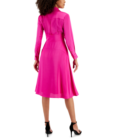 Shop Tahari Asl Petite Collared V-neck Side-tie Midi Dress In Shocking Pink