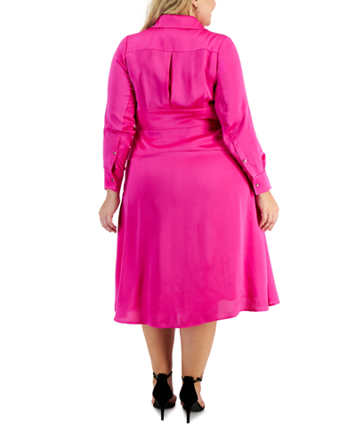 Shop Tahari Asl Plus Size Collared V-neck Side-tie Midi Dress In Shocking Pink