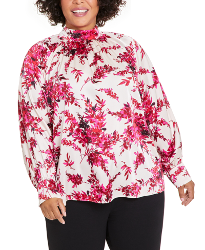 Shop Anne Klein Plus Size Mock Neck Raglan-sleeve Blouse In Anne White,amaranth Multi