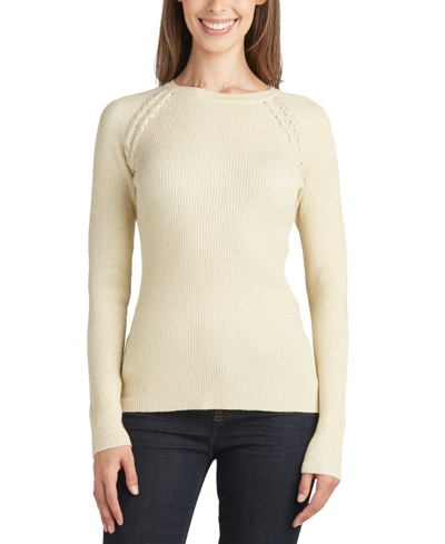 Shop Bcx Juniors' Metallic Lace-up Raglan-sleeve Ribbed Sweater In Ivory