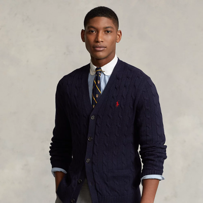 Shop Ralph Lauren Cable-knit Cotton Cardigan In Hunter Navy