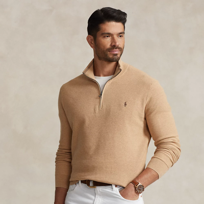 Shop Polo Ralph Lauren Mesh-knit Cotton Quarter-zip Sweater In Camel Melange