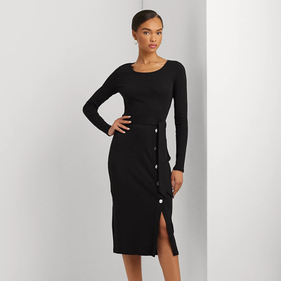 Shop Lauren Ralph Lauren Belted Rib-knit Dress In Black