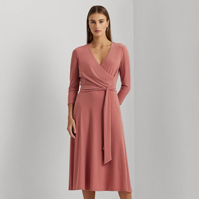 Shop Lauren Petite Surplice Jersey Dress In Pink Mahogany