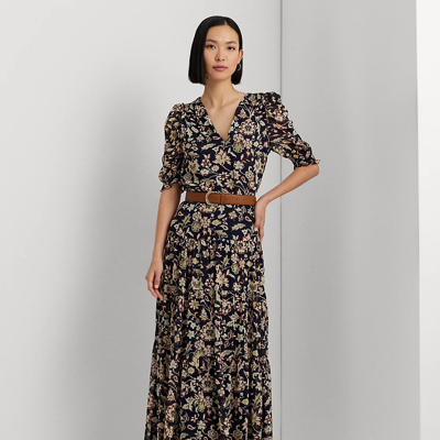 Shop Lauren Ralph Lauren Floral Crinkle Georgette Tiered Skirt In Navy Multi