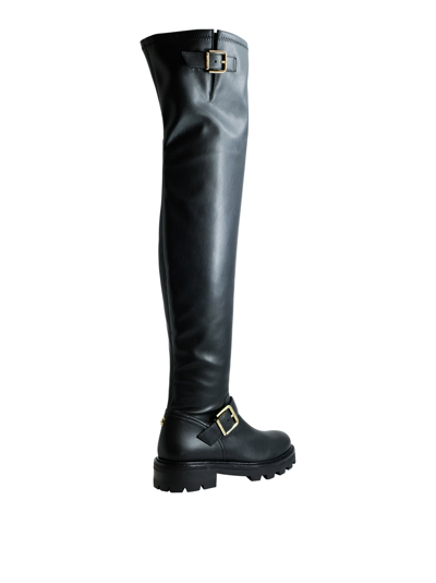 Shop Jimmy Choo Leather Biker Over The Knee Boots In Black