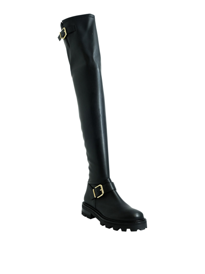 Shop Jimmy Choo Leather Biker Over The Knee Boots In Black