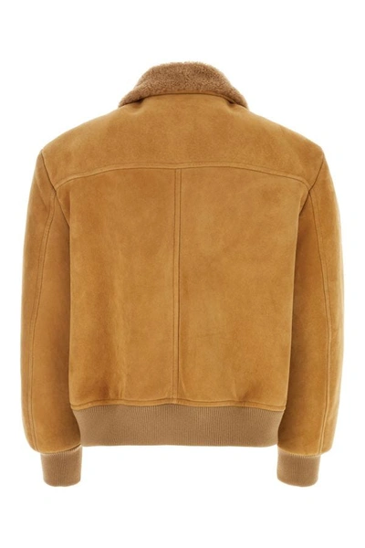 Shop Prada Man Camel Shearling Jacket In Brown