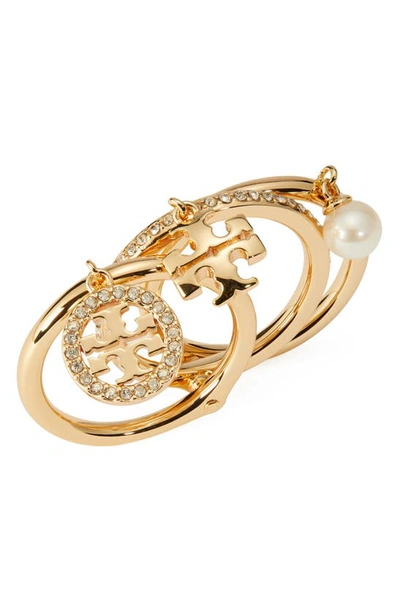 Shop Tory Burch Miller Set Of 3 Charm Rings In Tory Gold / Crystal / Ivory