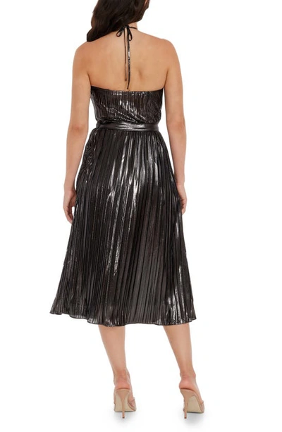 Dress The Population Hannah Pleated Metallic Halter Dress In Gunmetal