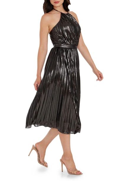 Dress The Population Hannah Pleated Metallic Halter Dress In Gunmetal