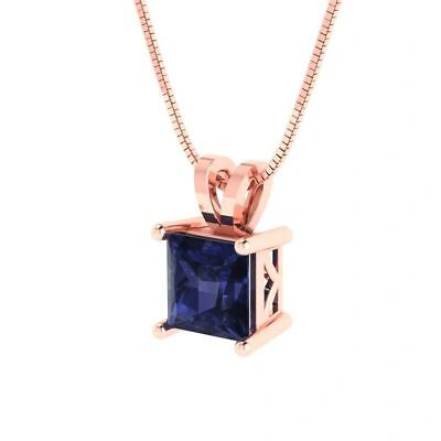 Pre-owned Pucci 1princess Cut Simulated Blue Sapphire Pendant Necklace 18" Chain 14k Pink Gold