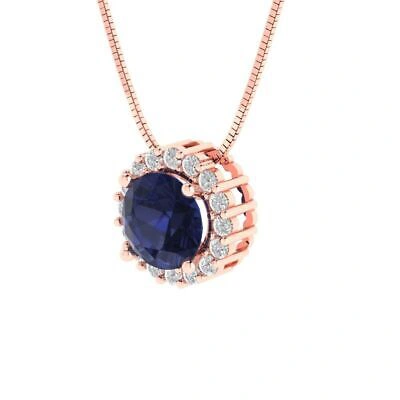 Pre-owned Pucci 1.3 Round Halo Simulated Blue Sapphire Pendant Necklace 16" Chain 14k Pink Gold