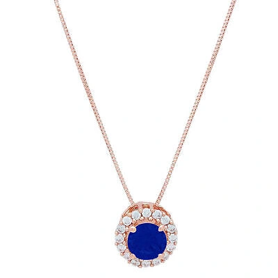 Pre-owned Pucci 1.3 Round Halo Simulated Blue Sapphire Pendant Necklace 16" Chain 14k Pink Gold