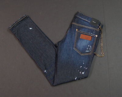 Pre-owned Dsquared2 Dsquared² Men Slim Fit Distressed Blue Jeans With Chain Link $750