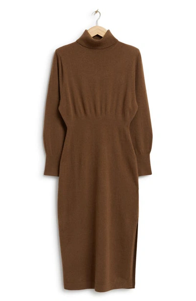 Shop & Other Stories Long Sleeve Padded Shoulder Turtleneck Wool Sweater Dress In Brown