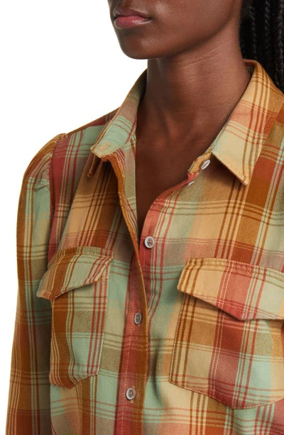 Shop Treasure & Bond Puff Shoulder Button-up Shirt In Green- Tan Hilda Plaid
