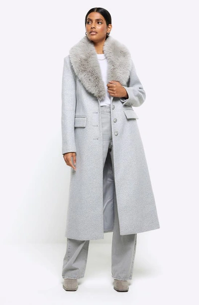 River Island Slim Fit Longline Coat With Removable Faux Fur Trim In Grey