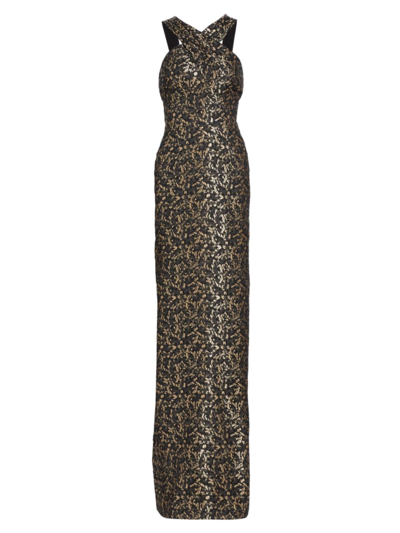 Shop Teri Jon By Rickie Freeman Women's Sleeveless Jacquard Column Gown In Gold Multi