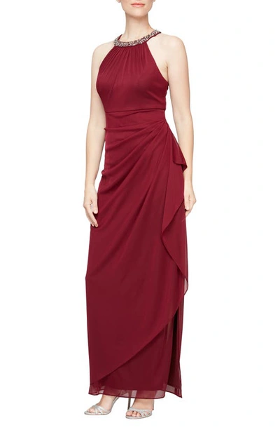 Shop Alex Evenings Embellished Halter Ruched Column Formal Gown In Wine