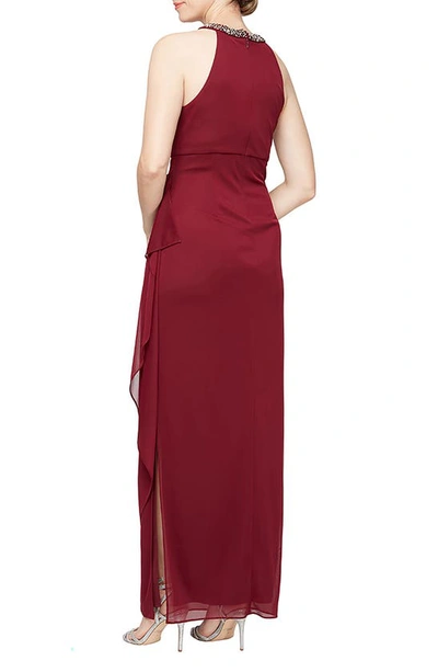 Alex Evenings Embellished Halter Ruched Column Formal Gown In Wine