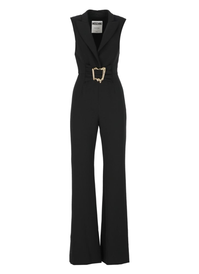 Shop Moschino Logo Detailed Sleeveless Jumpsuit In Black