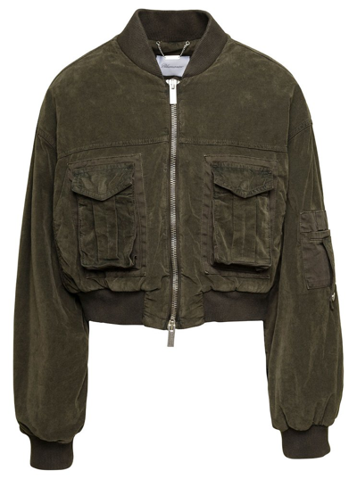 Shop Blumarine Cropped Bomber Velvet Jacket In Green