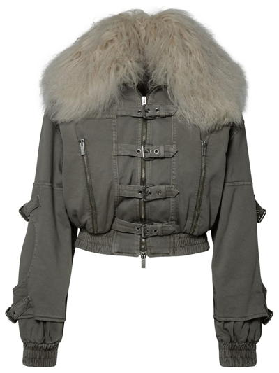 Shop Blumarine Fluffy Collared Buckle Detailed Jacket In Beige