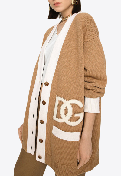 Shop Dolce & Gabbana Embroidered Logo Patch Wool Cardigan In Beige